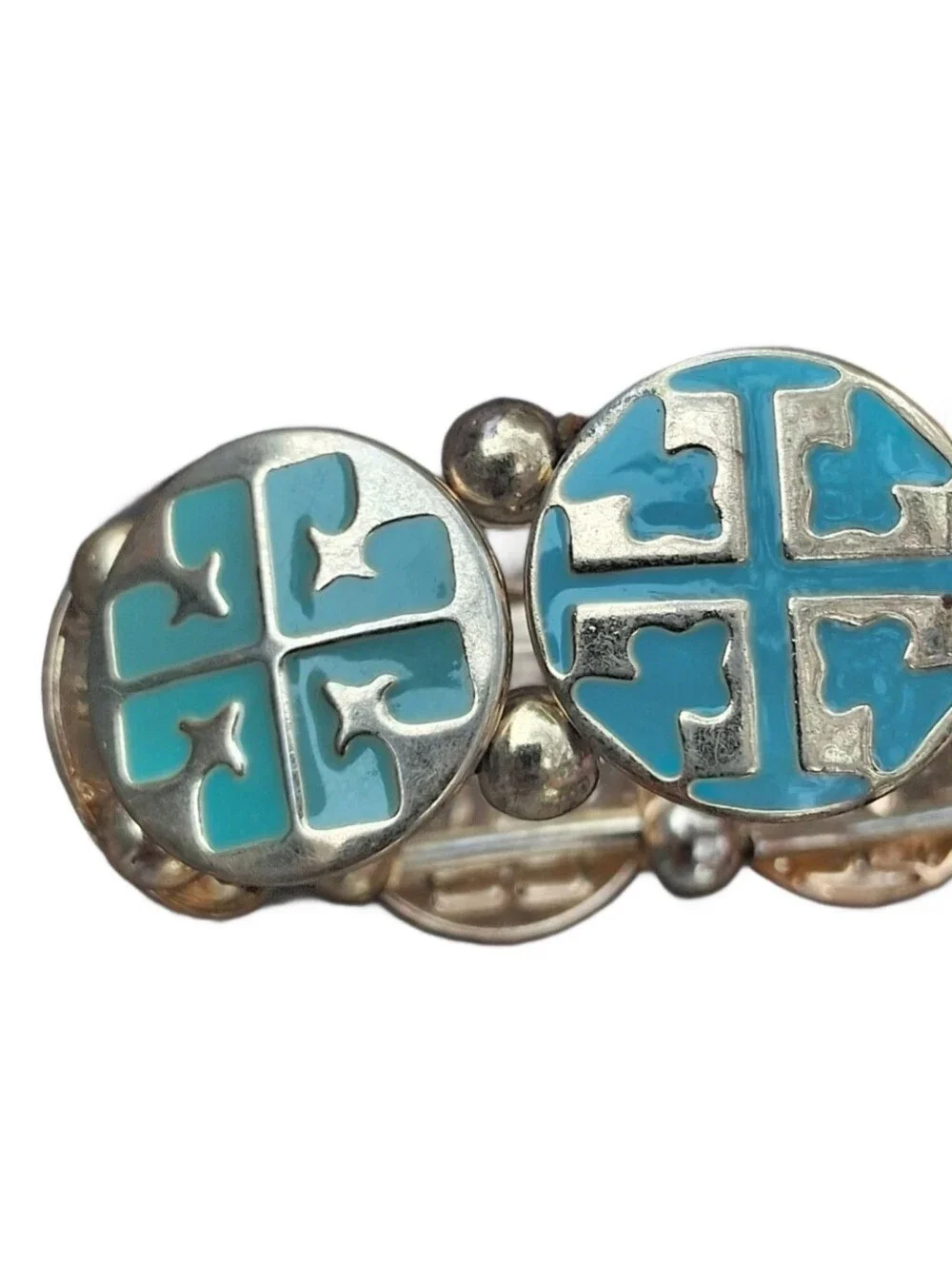 Rustic Cuff Turquoise Enamel Cross Logo Stretch Bracelet Gold Tone